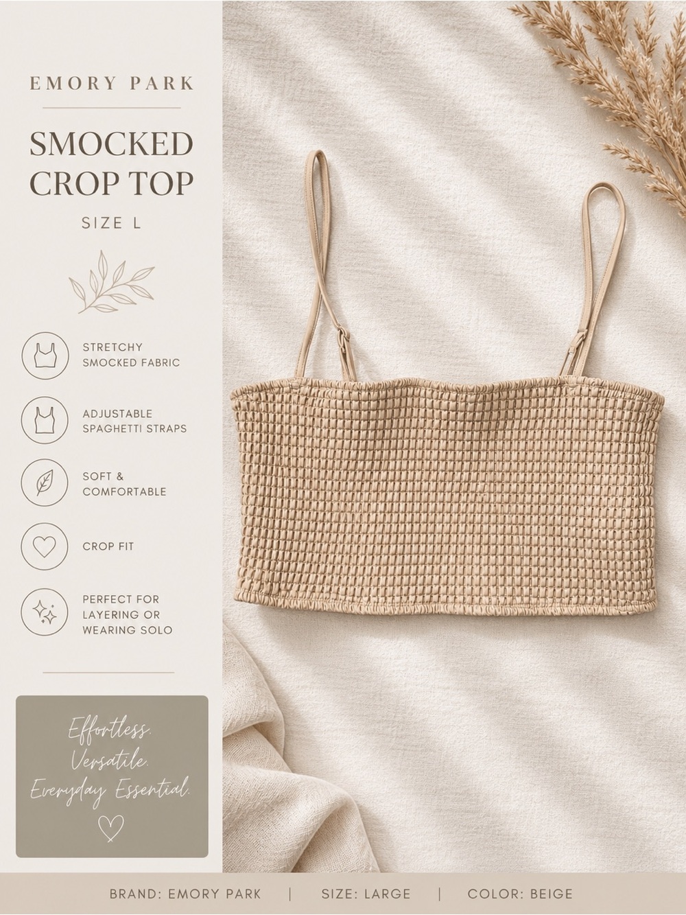 emory park Beige Smocked Cropped Tank Top with Adjustable Straps